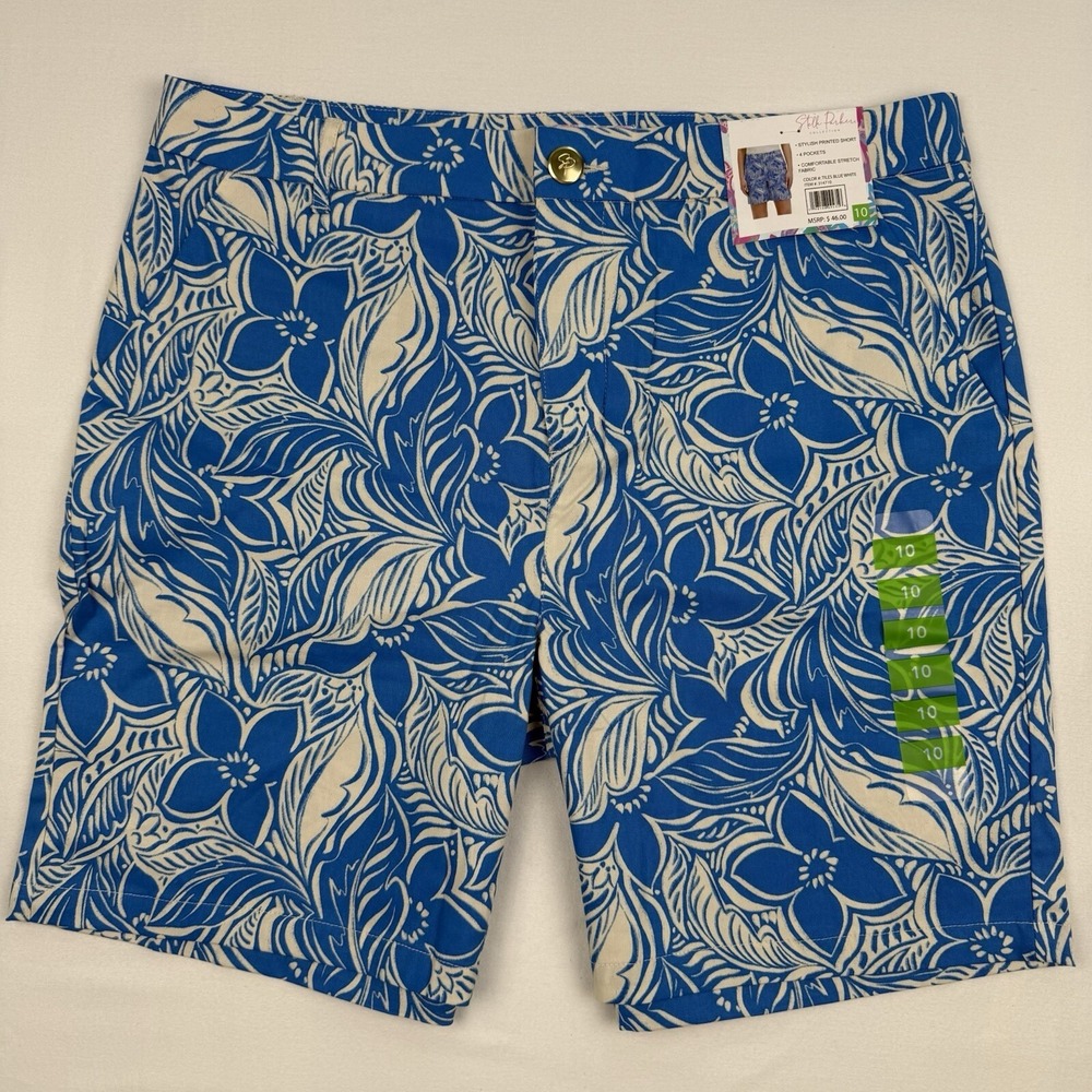 Stella Parker Womans Shorts 10 Stretch Blue White Floral Tropical Hawaii NEW $46
